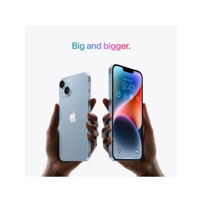 Blue iPhone 14 128GB by Oraxxi showing front view with screen on and sleek design.