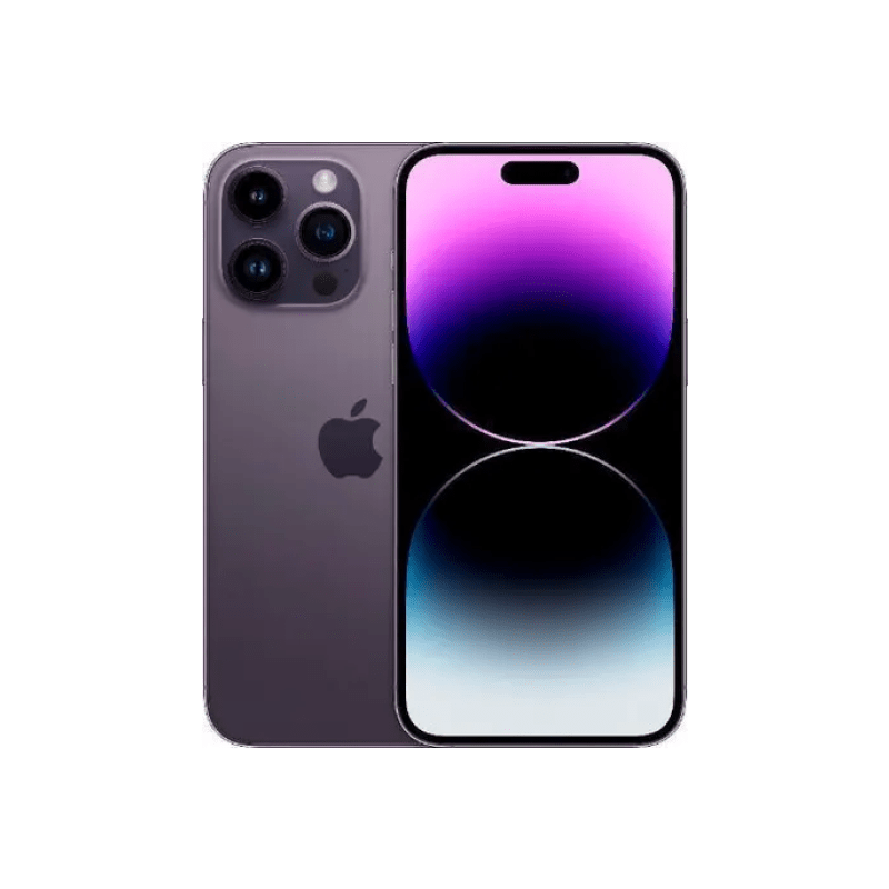 Deep purple iPhone 14 Pro Max with 256GB storage by Oraxxi, showing the front and back of the smartphone.