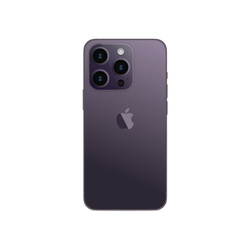 Preowned iPhone 14 Pro Max 256GB in Deep Purple by Oraxxi, showing the front and back view of the smartphone.
