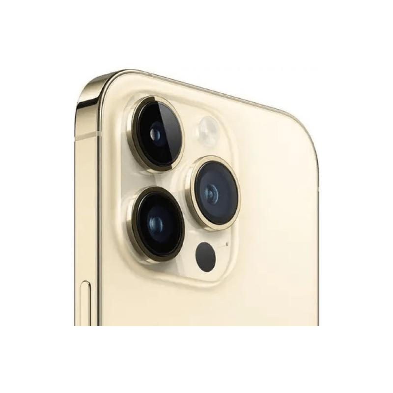 Gold iPhone 14 Pro Max 256GB with sleek design and triple-camera system, branded Oraxxi, shown in side view.
