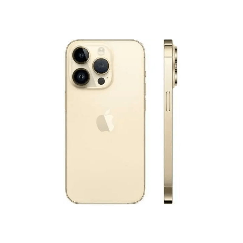 Gold iPhone 14 Pro Max 256GB with sleek design and triple-camera system, branded Oraxxi, shown in a close-up view.