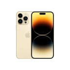 Preowned iPhone 14 Pro Max 256GB in gold by Oraxxi, showing the front screen and sleek design on a white background.