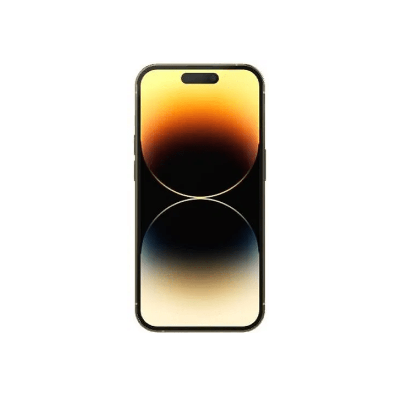 Preowned iPhone 14 Pro Max in gold with 256GB storage by Oraxxi, showing the front screen and sleek design.