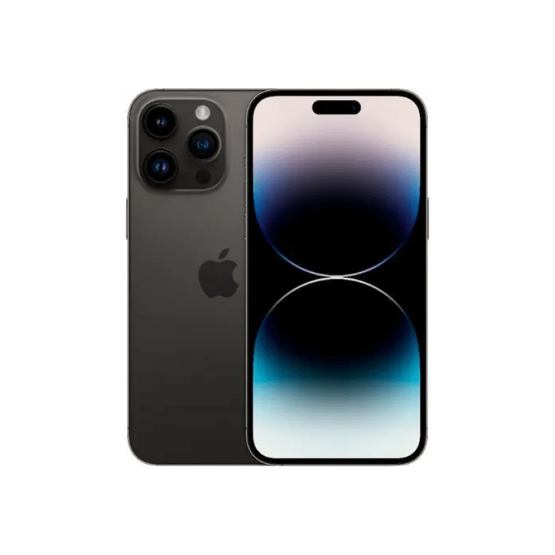 Black iPhone 14 Pro Max with 256GB storage in Graphite color, featuring sleek design and triple-camera system, by Oraxxi.
