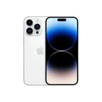 Silver iPhone 14 Pro Max with 256GB storage from Oraxxi, showing front and back views of the smartphone.