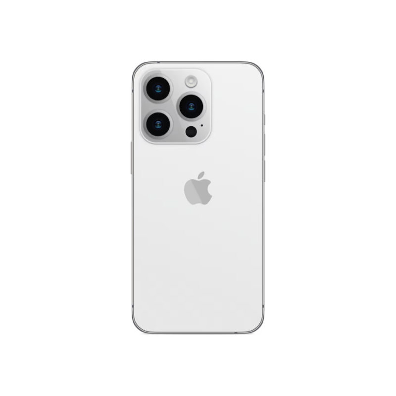 Silver iPhone 14 Pro Max with 256GB storage from Oraxxi, showcasing the front and sleek design of the smartphone.