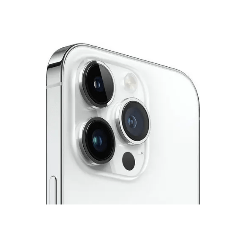 Preowned iPhone 14 Pro Max 256GB in Silver by Oraxxi, showcasing the front screen and sleek design.
