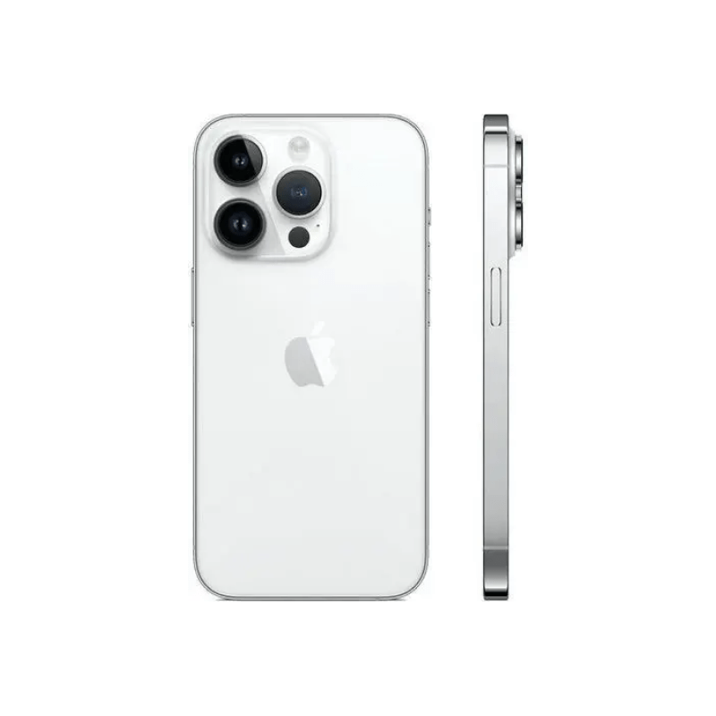 Preowned iPhone 14 Pro Max 256GB in Silver by Oraxxi, showing the front and back of the smartphone in a clean design.