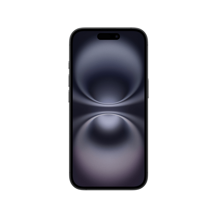 Black iPhone 16 128GB by Oraxxi with sleek design and large display, showing the front view of the smartphone.