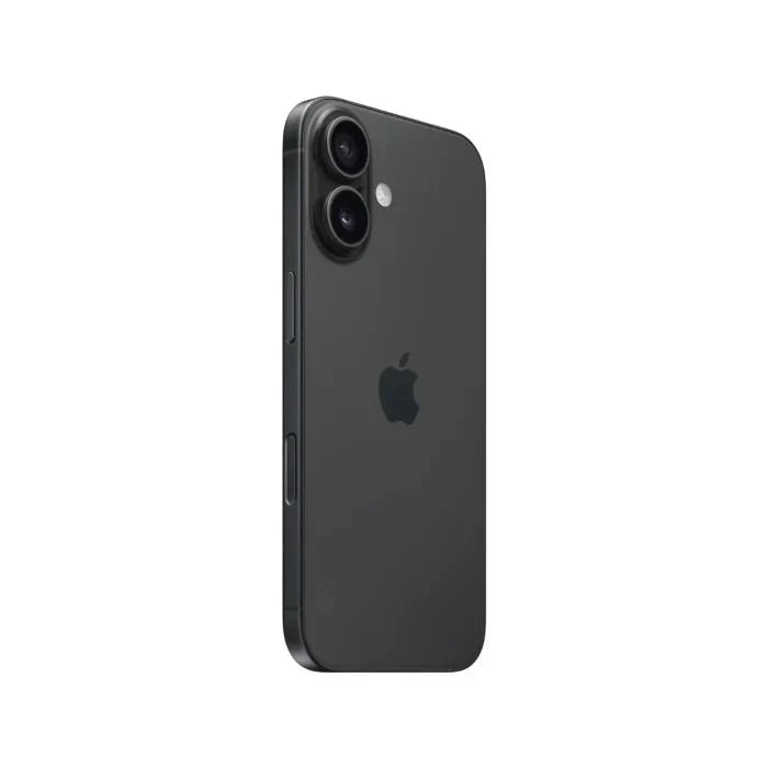 Black iPhone 16 with 128GB storage by Oraxxi, front and back view showcasing sleek smartphone design.