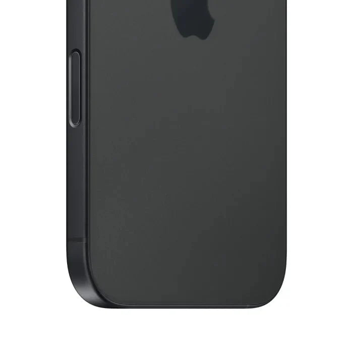 Black iPhone 16 with 128GB storage by Oraxxi, showcasing the sleek front and back design of the smartphone.