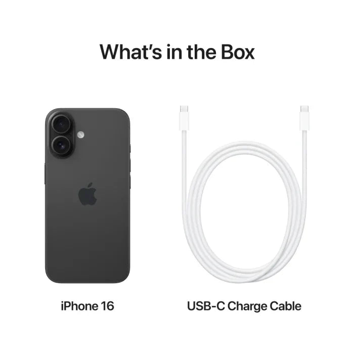 Black iPhone 16 with 128GB storage by Oraxxi, showing the sleek front and back design of the smartphone.