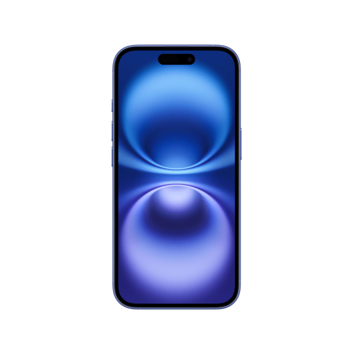 Silver Oraxxi iPhone 16 smartphone with sleek design and large display, shown from front view.