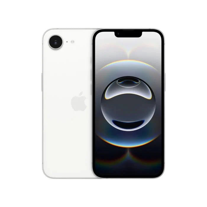White iPhone 16e with 128GB storage by Oraxxi, showcasing the sleek front display and modern design.