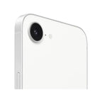 White iPhone 16e 128GB smartphone by Oraxxi, showing the sleek front view with screen turned on.