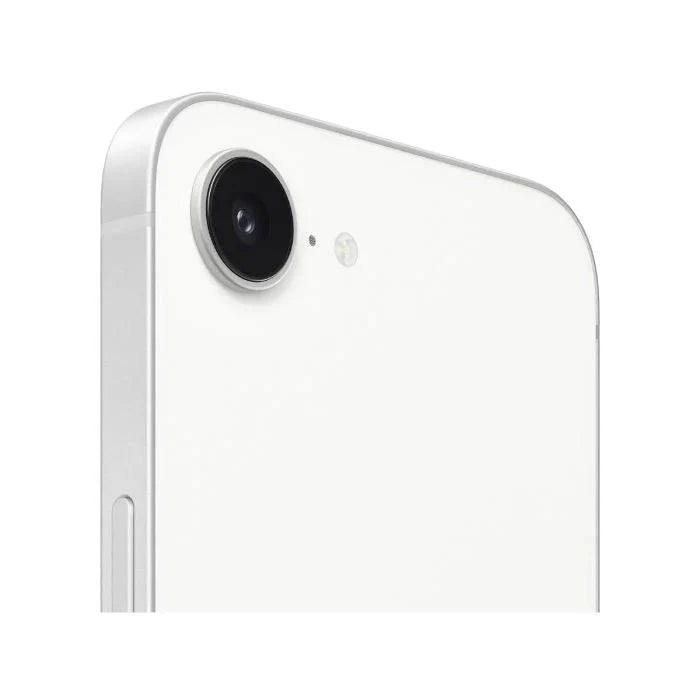 White iPhone 16e 128GB smartphone by Oraxxi, showing the sleek front view with screen turned on.