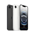 White iPhone 16e 128GB by Oraxxi, front view showing sleek design and screen display.