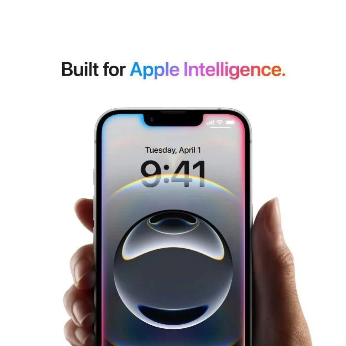 White iPhone 16e with 128GB storage from Oraxxi, showing front view with sleek design and screen turned on.