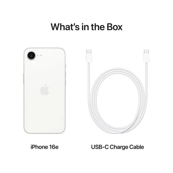 White iPhone 16e with 128GB storage by Oraxxi, sleek smartphone with a large screen and modern design.