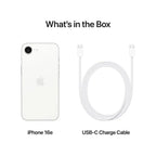 White iPhone 16e with 128GB storage by Oraxxi, sleek smartphone with a large screen and modern design.