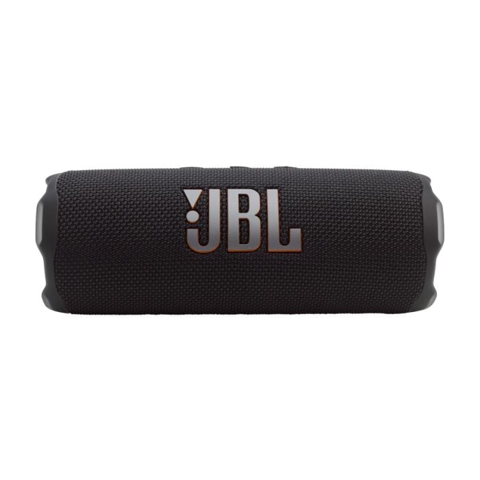 Oraxxi JBL Flip 7 portable Bluetooth speaker shown in black, featuring a compact design with control buttons and a textured exterior.