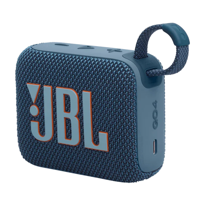 Blue JBL Go 4 ultra-portable Bluetooth speaker by Oraxxi, showing its compact design and textured exterior.