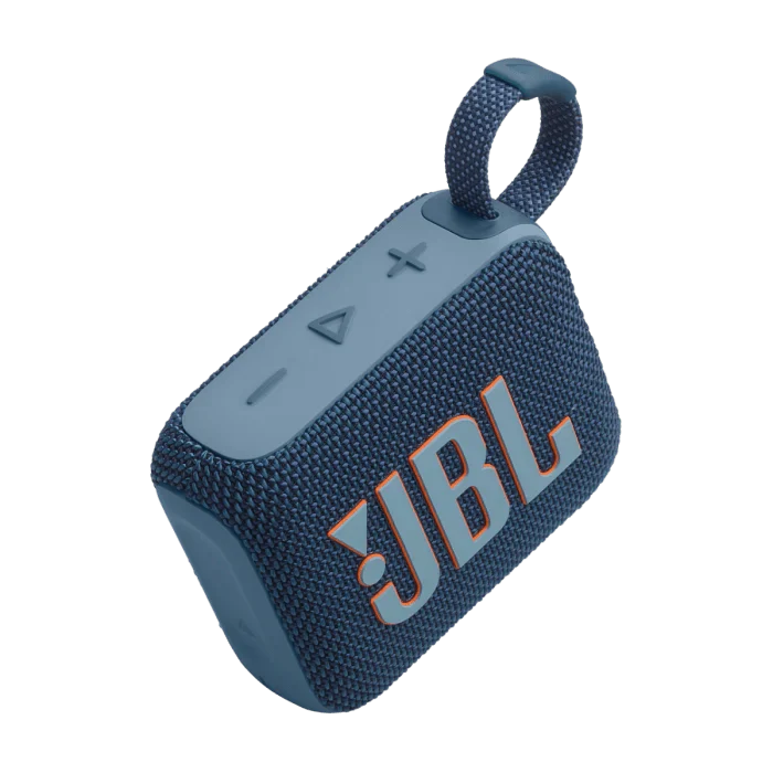 Blue JBL Go 4 ultra-portable Bluetooth speaker by Oraxxi, shown in a compact design ideal for on-the-go music listening.