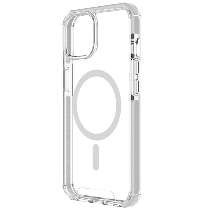Clear Moov 4m drop-proof iPhone 14/13 case with MagSafe from Oraxxi, showing the transparent design and reinforced edges.
