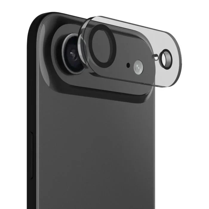 Black Moov Camera Lens Protector for iPhone Air by Oraxxi, showing a clear protective film over the camera lens.