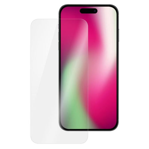Clear glass screen guard for iPhone 17 Pro by Oraxxi, showing the transparent protective screen on the device.