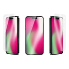 Clear glass screen guard for iPhone 17 Pro by Oraxxi, showing the protective screen covering the device with precise edges and transparency.