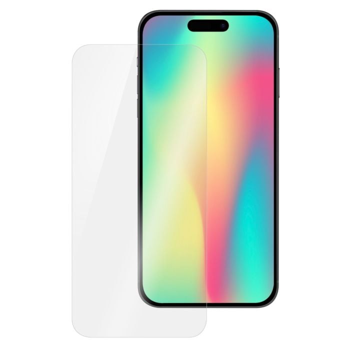 Oraxxi Moov clear glass screen guard for iPhone Air showing a sleek, transparent protective film over the device screen.
