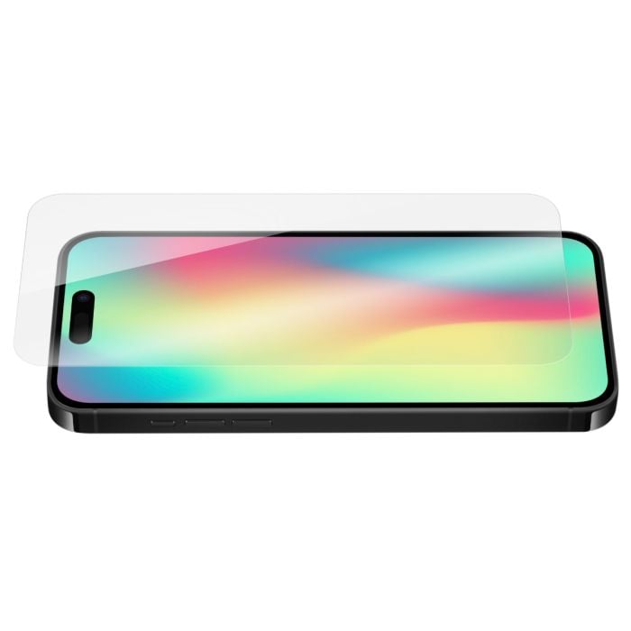 Oraxxi Moov clear glass screen guard for iPhone Air showing a sleek, transparent protector fitted on an iPhone Air screen.