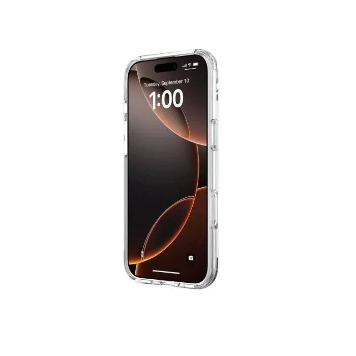 Clear Oraxxi Moov Safe Case for iPhone Air, showing its slim, transparent design and protective edges.