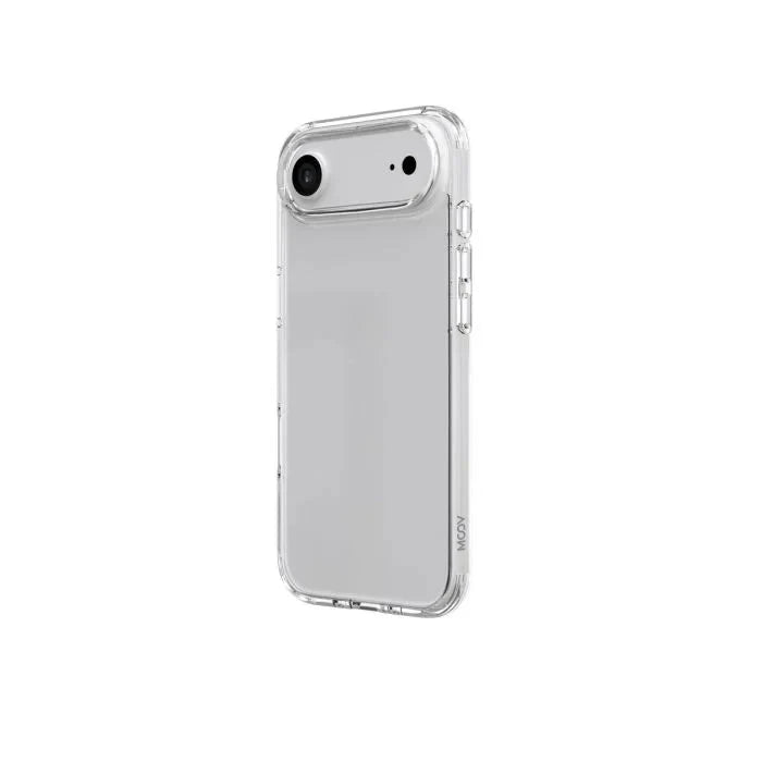 Clear Moov SafeCase for iPhone Air by Oraxxi, showing lightweight transparent protective phone case with precise camera and button cutouts.