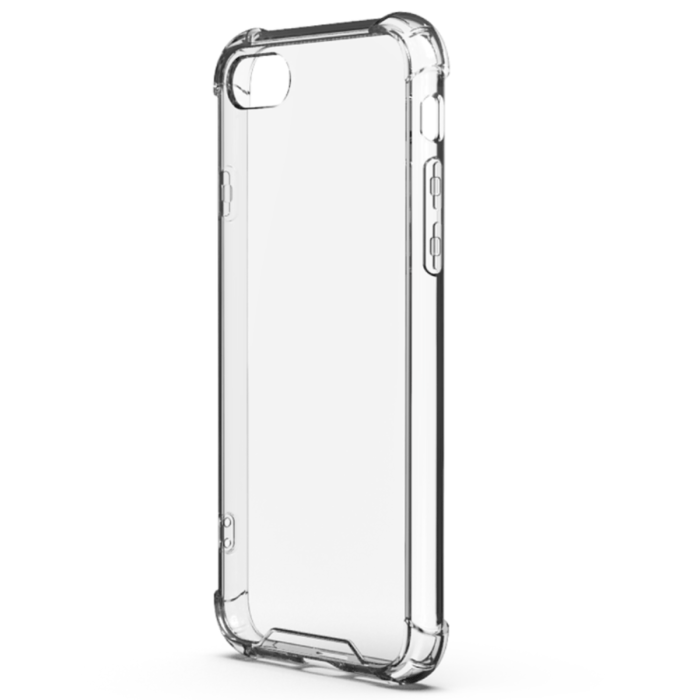 Clear Oraxxi Moov iPhone SE/8/7 crystal case showing a sleek transparent design and precise cutouts for buttons and camera.