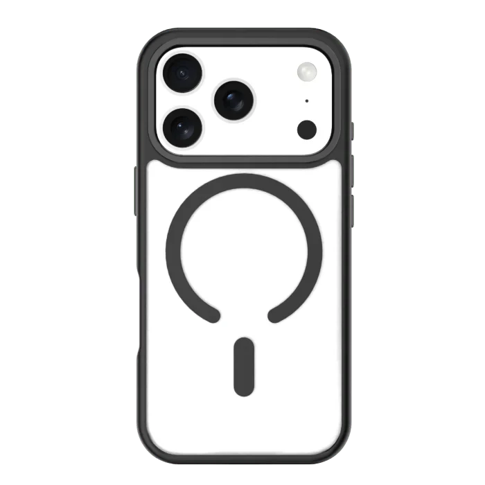 Black Moov Luxe Edge Case with MagSafe for iPhone 17 Pro by Oraxxi, showing the sleek protective design and magnetic attachment.