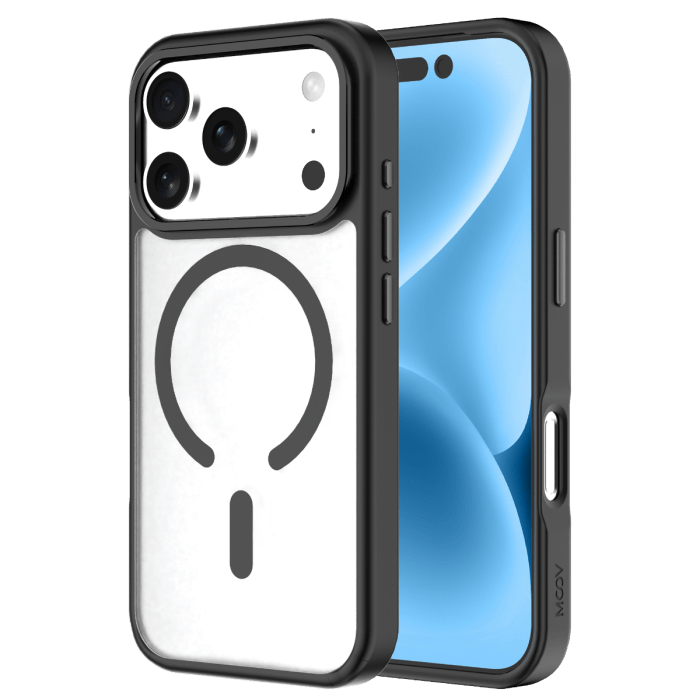 Black Moov Luxe Edge Case with MagSafe for iPhone 17 Pro, made by Oraxxi, featuring a sleek protective design.