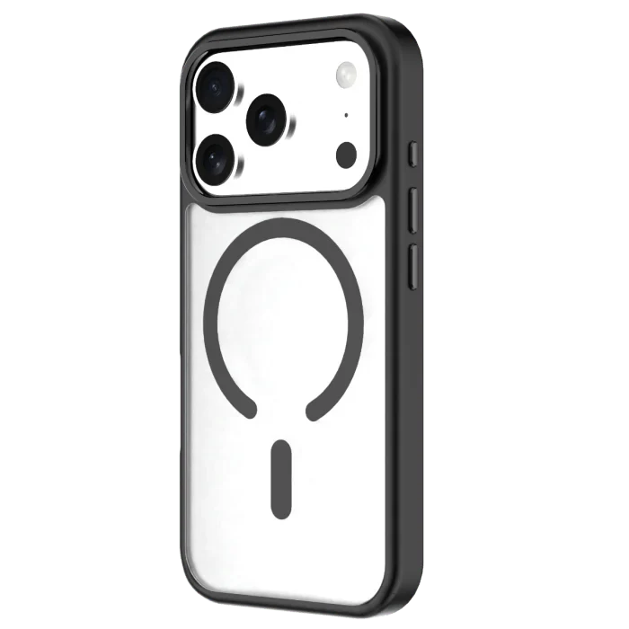 Black Moov Luxe Edge Case with MagSafe for iPhone 17 Pro by Oraxxi, showing the sleek protective design and magnetic attachment point.
