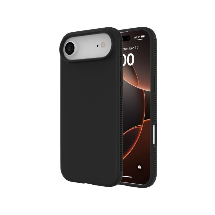 Black Moov SoftTouch case with MagSafe for iPhone Air by Oraxxi, showing the sleek, textured exterior and precise camera cutout.