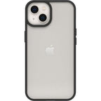 OtterBox React Series phone case for iPhone 16e/15/14/13 in clear and black, showing a slim protective design with precise cutouts.
