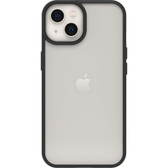 OtterBox React Series phone case for iPhone 16e/15/14/13 in clear and black, showing a slim protective design with precise cutouts.
