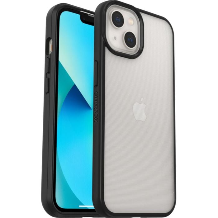 OtterBox React Series clear and black protective phone case for iPhone 13, 14, 15, and 16e by Oraxxi, showing front and back views.