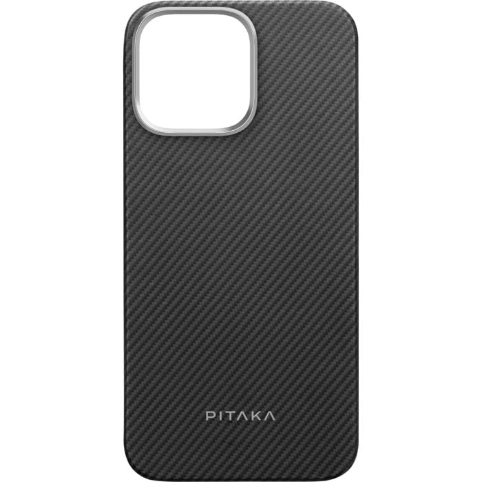 Oraxxi Pitaka ultra-slim black and grey iPhone 16 Pro Max case showing its sleek design and textured surface.