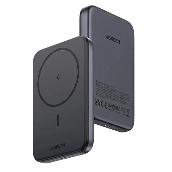 Grey Oraxxi UGREEN magnetic 10000mAh wireless power bank with 20W fast charging, shown with magnetic attachment and sleek design.