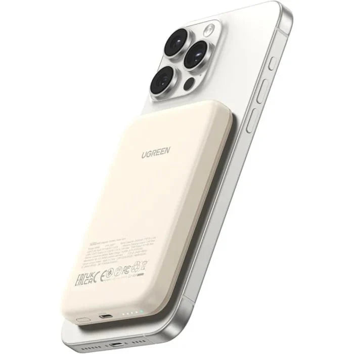 Oraxxi UGREEN magnetic 5000mAh wireless 15W power bank in cream color, with a sleek design and integrated magnetic charging feature.