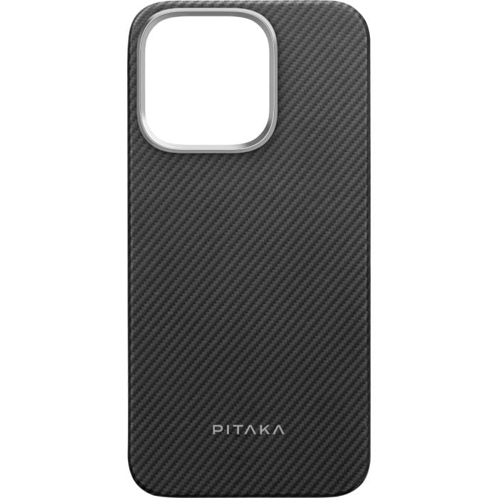 Oraxxi Pitaka ultra-slim iPhone 16 Pro case in black and grey, showing the sleek design and textured surface.