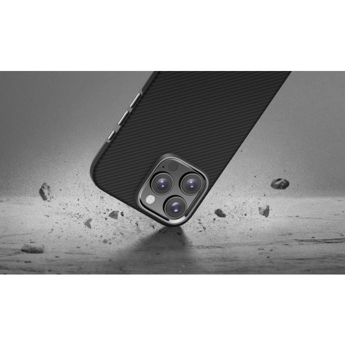 Oraxxi Pitaka Ultra-Slim iPhone 16 Pro case in black and grey, showcasing slim protective design for the latest iPhone model.
