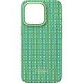 Oraxxi Pitaka ultra-slim iPhone 16 Pro case in forest green, showing its sleek design and protective edges.