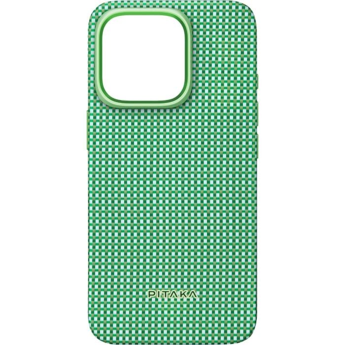 Oraxxi Pitaka ultra-slim iPhone 16 Pro case in forest green, showing its sleek design and protective edges.